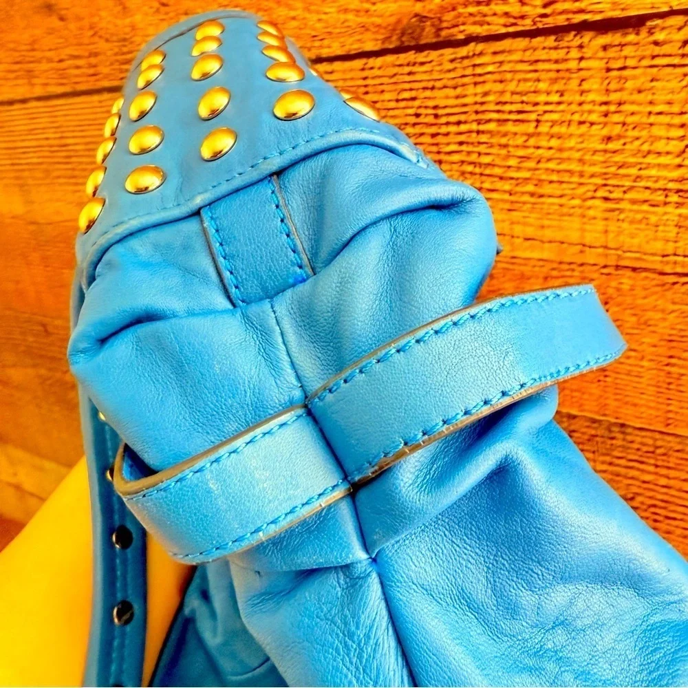 Vintage Hype Blue Leather Studded Oversized Hobo Shoulder Bag